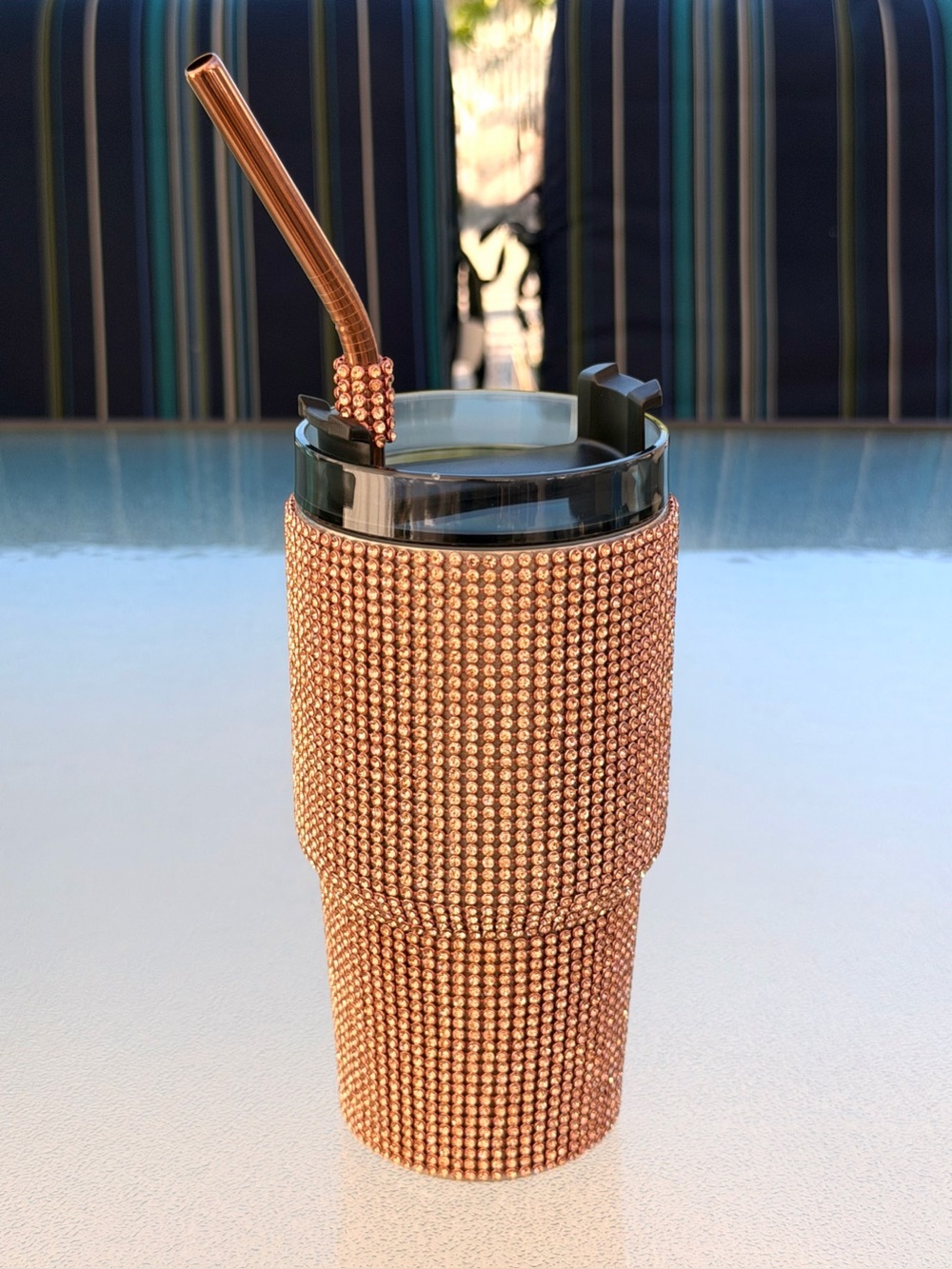 TOMO Rose Gold Crystal Stainless Steel Coffee Mug Tumbler and Glam Straw, 19 Oz